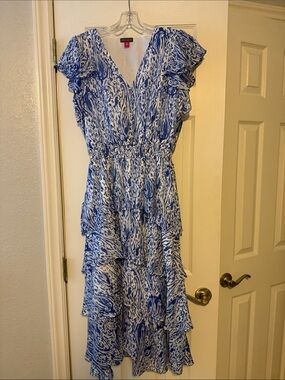 Vince Camuto Blue & White Tiered V-Neck Midi Dress